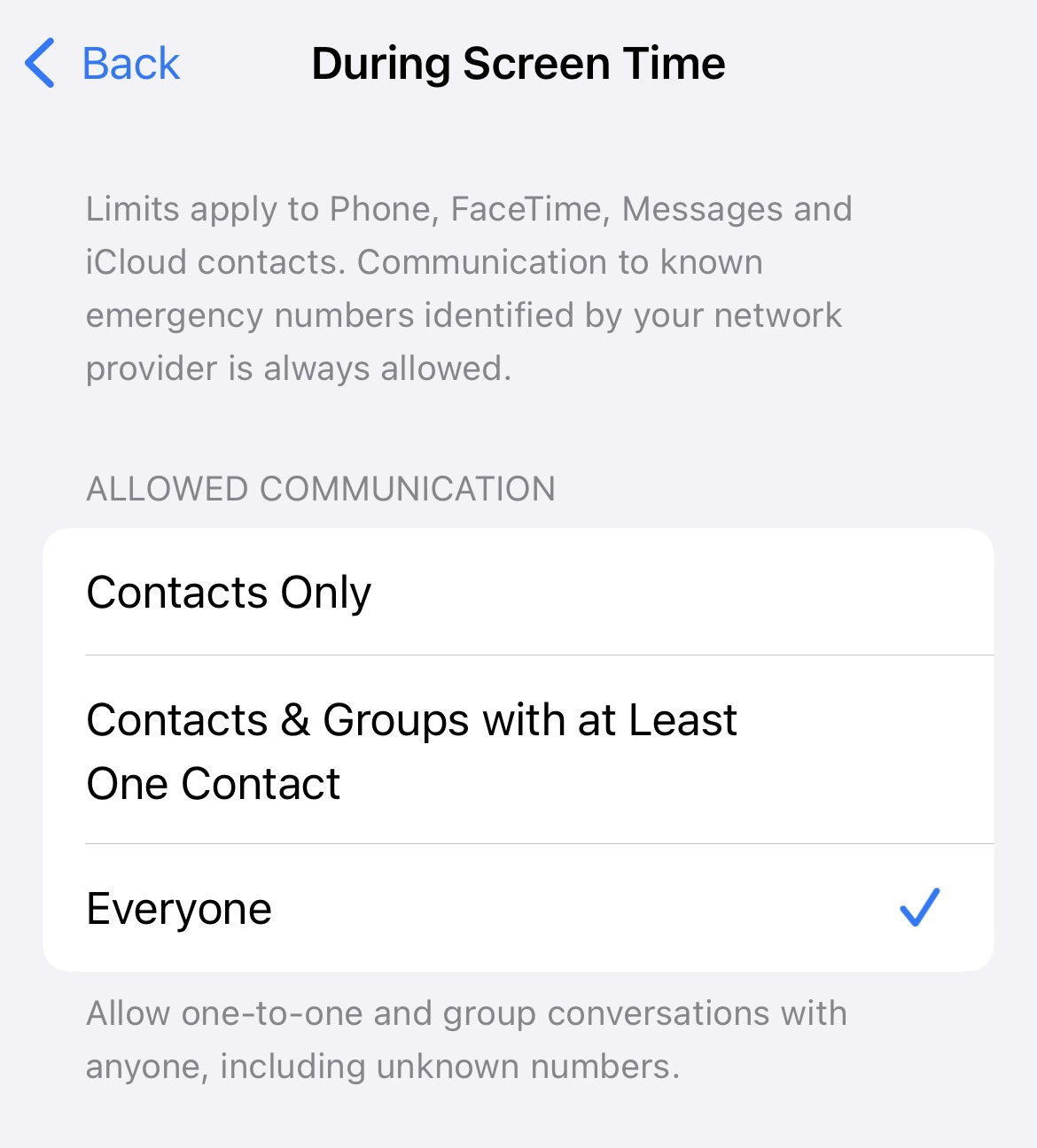 During Screen Time settings