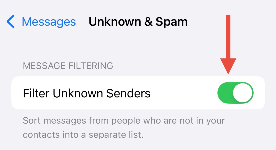 Filter Unknown Senders toggle