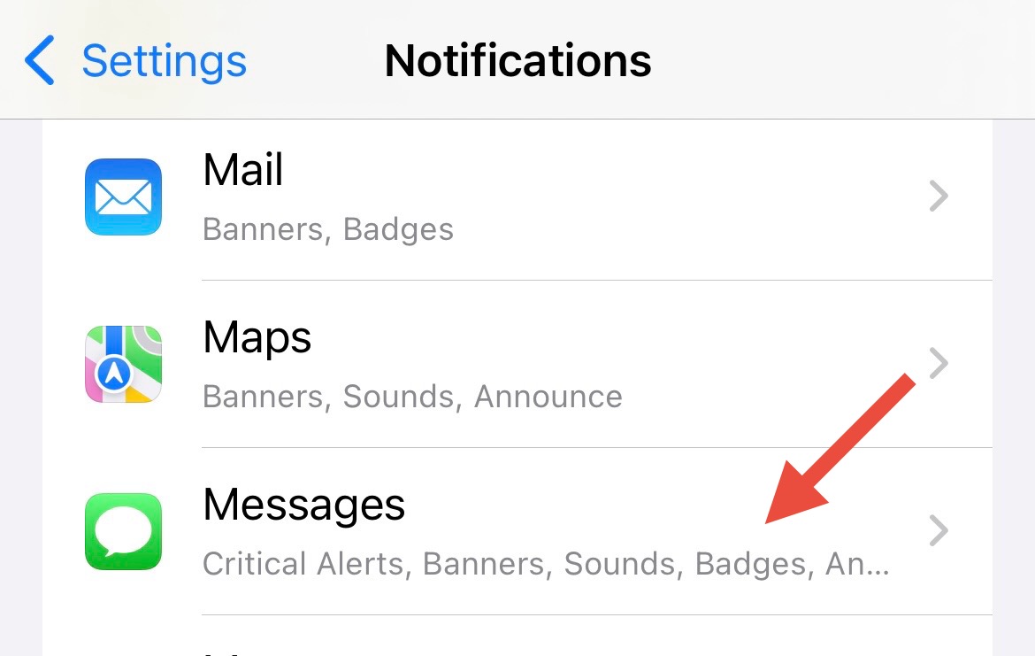 Messages in notifications list