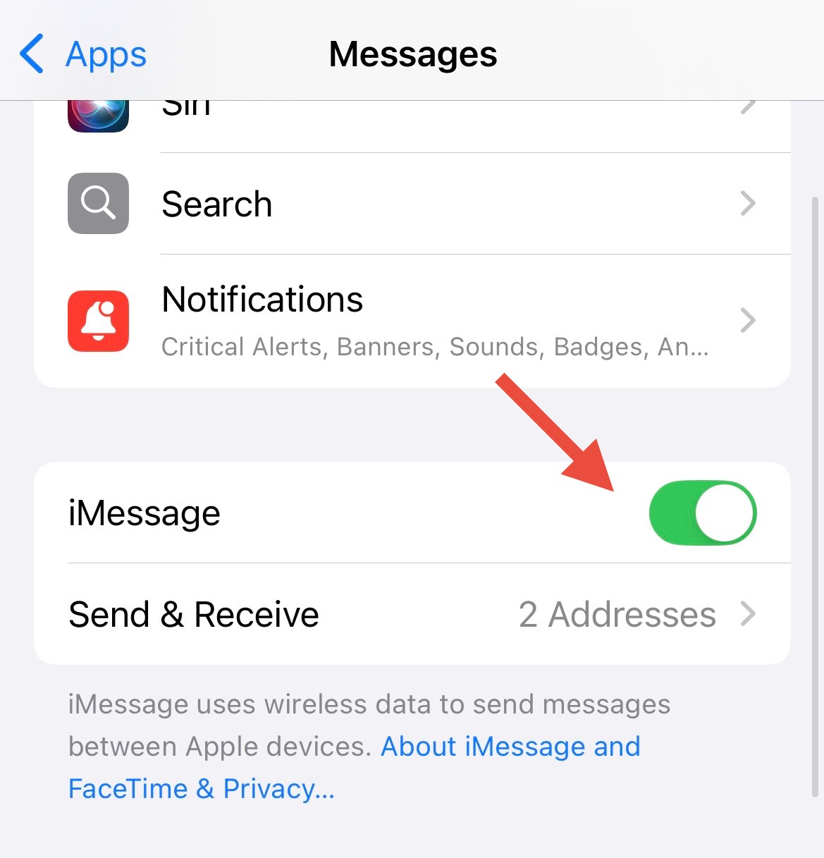 Turn off iMessage toggle